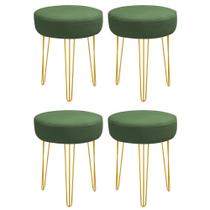 Kit 04 Banquetas Puff Jullia Luxo 55cm Industrial Ferro Dourado Suede Verde Musgo - Ahazzo Móveis