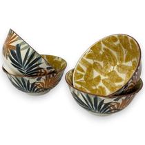 Kit 04 Bowl Tigela Cumbuca Cerâmica Folhagem Tropical Grande