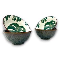 Kit 04 Bowl Tigela Cumbuca Cerâmica Folhagem Verde Grande