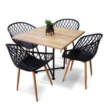 Kit 04 Cadeiras Clarice Preto e 01 Mesa de Jantar 04 Lugares Jade 90 cm Natural Base Metálica Industrial Preto M05 - D'Rossi