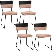 Kit 04 Cadeiras Decorativas Estofada Allana L02 Faixa Material Sintético Preto Linho Rosê - Lyam Decor