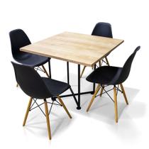 Kit 04 Cadeiras Eiffel Preto e 01 Mesa de Jantar 04 Lugares Jade 90 cm Natural Base Metálica Industrial Preto M05 - D'Rossi