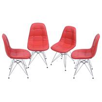 Kit 04 Cadeiras em Pu com Acabamento Acolchoado e em Botones Base: Cromada- Vermelha