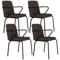 Kit 04 Cadeiras Estofada Para Sala de Jantar com Braço Loft Preto C01 Bouclê Marrom - Lyam Decor Kit 04 Cadeiras Estofada Para Sala de Jantar com Braço Loft Preto C01 Bouclê Marrom - Lyam Decor