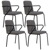 Kit 04 Cadeiras Estofada Para Sala de Jantar com Braço Loft Preto C01 Linho Fendi Cinza - Lyam Decor Kit 04 Cadeiras Estofada Para Sala de Jantar com Braço Loft Preto C01 Linho Fendi Cinza - Lyam Decor