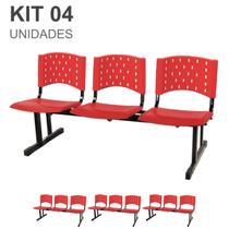 Kit 04 Cadeiras longarinas PLÁSTICAS 03 Lugares - Cor VERMELHO - REALPLAST - 23065