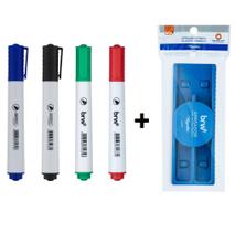 Kit 04 Caneta Pincel Marcador de Quadro Branco Lousa Colorido + 01 Apagador Magnético BRW