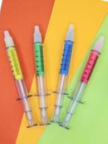 Kit 04 canetas 2 em 1 seringa esferográfica e marca texto colorido caneta presente lembrancinha natal