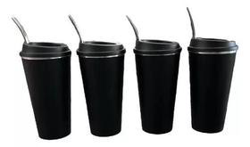 Kit 04 Copos de Tereré Verão Preto com Tampa e Bomba Kit 04 Copos de Tereré Verão Preto com Tampa e Bomba