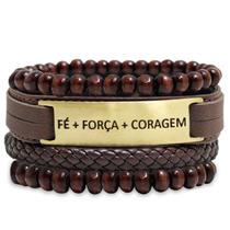 Kit 04 FÉ FORÇA CORAGEM Marrom Strap Plug Esferas Madeira Ajustáveis Trança