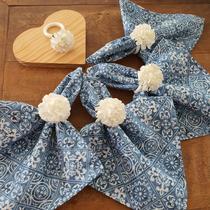 Kit 04 Guardanapos de Tecido Azulejo Português e 04 Anéis PG Crisântemo Branco
