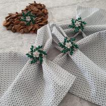 Kit 04 Guardanapos de Tecido Trama Cinza e 04 Anéis PG Flor Cristalina Verde
