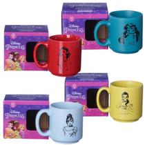 Kit 04 Mini Caneca Princesas Disney Ariel Branca Neve Bella Cinderela Colecionável Empilhável 100ml Xícara