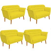 Kit 04 Namoradeira Decorativa Ster com Capitone Pés Palito em Madeira 2 Lugares Sala de Estar Recepção Escritório material sintético Amarelo - Damaffê Móveis