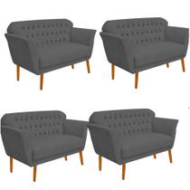 Kit 04 Namoradeira Decorativa Ster com Capitone Pés Palito em Madeira 2 Lugares Sala de Estar Recepção Escritório material sintético Cinza - Damaffê Móveis