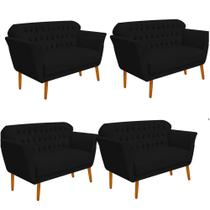 Kit 04 Namoradeira Decorativa Ster com Capitone Pés Palito em Madeira 2 Lugares Sala de Estar Recepção Escritório Suede Preto - Damaffê Móveis