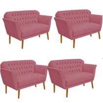 Kit 04 Namoradeira Decorativa Ster com Capitone Pés Palito em Madeira 2 Lugares Sala de Estar Recepção Escritório Suede Rosê - Damaffê Móveis