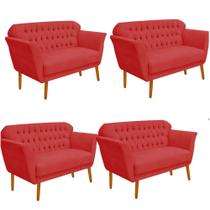 Kit 04 Namoradeira Decorativa Ster com Capitone Pés Palito em Madeira 2 Lugares Sala de Estar Recepção Escritório Suede Vermelho - Damaffê Móveis