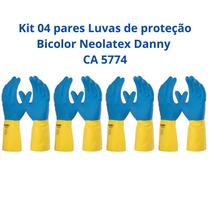 Kit 04 pares Luvas Proteção Quimica Limpeza Bicolor Neolatex Danny CA 5774 Kit 04 pares Luvas Proteção Quimica Limpeza Bicolor Neolatex Danny CA 5774