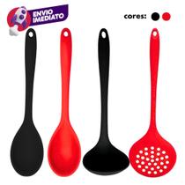 Kit 04 Pç Colher Arroz e Concha Feijão Caldos e Escumadeira Universal Silicone Panelas Teflon