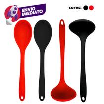Kit 04 Pç: Colher Arroz E Concha Feijão Caldos Em Silicone Maciço Para Panelas Teflon Ceramico