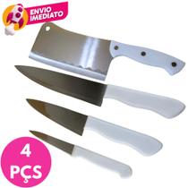 Kit 04 Pç Cutelo Machadinha 6" Inox Corta Osso Carne E Jogo 03 Facas Cabo Branco Plástico Multiuso
