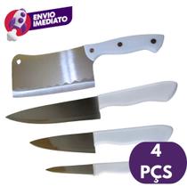 Kit 04 Pç Cutelo Machadinha Inox 6 Polegada Corta Osso Carne E Jogo 03 Facas Cabo Plástico Multiuso