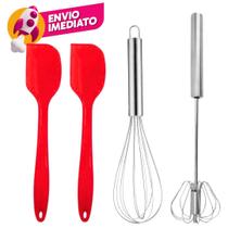 Kit 04 Pç Mixer Semi Automatico E Batedor Claras Inox E 02 Espátula Pão Duro Silicone Massas Bolos
