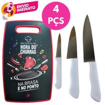 Kit 04 Pç Tábua Corte Decorada 37Cm Plástico Retangular Colorida E 03 Facas Cabo Branco Multiuso