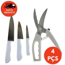Kit 04 Pç Tesoura Trinchante Multifunções Cortar Aves Peixe Carne E Jogo 3 Facas Cabo Branco