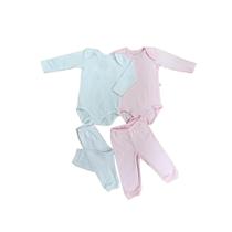 Kit 04 peças de body com calça para bebê em suedine rosa e branco Alecrim Kids