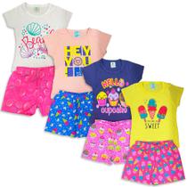 Kit 04 Peças Roupa Infantil Conjunto Menina 2 Camisetas + 2 Bermuda/Shorts Verão Kit 04 Peças Roupa Infantil Conjunto Menina 2 Camisetas + 2 Bermuda/Shorts Verão
