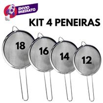 Kit 04 Peneira Aço Inox Tamanho 12 14 16 18 Utensílio Para Peneirar Polvilhar Coar Cozinha Kit 04 Peneira Aço Inox Tamanho 12 14 16 18 Utensílio Para Peneirar Polvilhar Coar Cozinha
