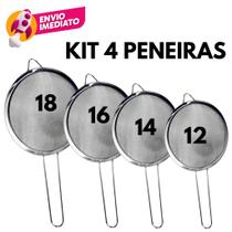 Kit 04 Peneira Aço Inox Tamanhos 12 14 16 18 Completo Utensílio Para Peneirar Polvilhar Coar Cozinha