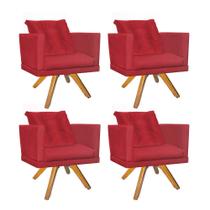 Kit 04 Poltrona Milena Confort Base Giratória Carvalho Com Almofada Sala Recepção Escritório Suede Vermelho - DAMAFFÊ MÓVEIS