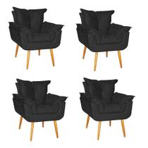 Kit 04 Poltrona Opala Sala Escritório Recepção Quarto Suede Preto - Ninho Decor