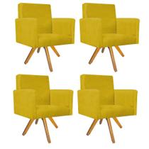 Kit 04 Poltronas Arenzza Base Giratória de Madeira Suede Amarelo - DAMAFFÊ MÓVEIS