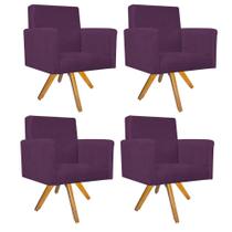 Kit 04 Poltronas Arenzza Base Giratória de Madeira Suede Roxo - DAMAFFÊ MÓVEIS