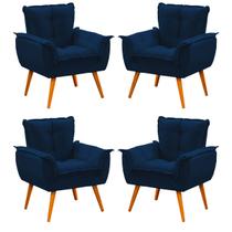 Kit 04 Poltronas Decorativas Para Sala 79 Cm Impala Pés Palito Madeira Veludo Azul - SóSofá