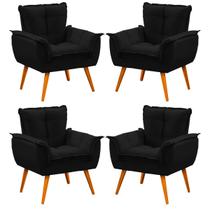 Kit 04 Poltronas Decorativas Para Sala 79 Cm Impala Pés Palito Madeira Veludo Preto - SóSofá