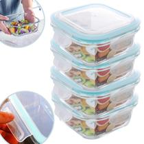 Kit 04 Potes De Vidro Com Tampa Hermético Quadrado 520ml - Vasilha Grande Transparente Para Refeição