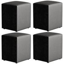 Kit 04 Puffs Quadrado L02 Decorativo Material Sintético Preto Brilho - Lyam Decor
