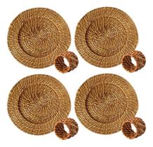 Kit 04 Sousplat Rattan Bambu Claro E 4 Anéis Para Guardanapo Mesa Posta Kit 04 Sousplat Rattan Bambu Claro E 4 Anéis Para Guardanapo Mesa Posta