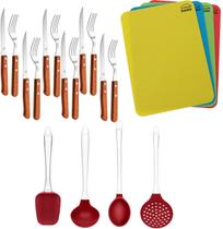 Kit 04 utensílios vermelhos + 12 facas e garfos + tábuas grande - Up Home