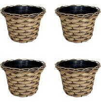 Kit 04 Vasos Decoração Plantas Enfeite Cachepot Plastico Vime Trançado -Cappuccino