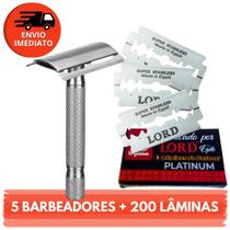 Kit 05 Aparelho Barbeador Metal Clássico Manual Retrô E Lâmina Lord Platinum Barbeador Navalha