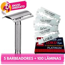 Kit 05 Aparelho Barbeador Metal Clássico Manual Retrô Lâminas Lord Platinum Barbeador em Aço Inox