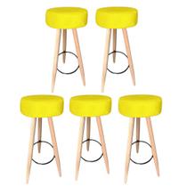Kit 05 Banqueta Alta Flora Pés Palito em Madeira Branco Bar Bistrô Cozinha material sintético Amarelo - Damaffê Móveis