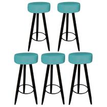Kit 05 Banqueta Alta Flora Pés Palito em Madeira Preto para Bar Bistrô Cozinha material sintético Turquesa - Damaffê Móveis