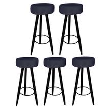 Kit 05 Banqueta Alta Flora Pés Palito em Madeira Preto para Bar Bistrô Cozinha Suede Azul Marinho - Damaffê Móveis